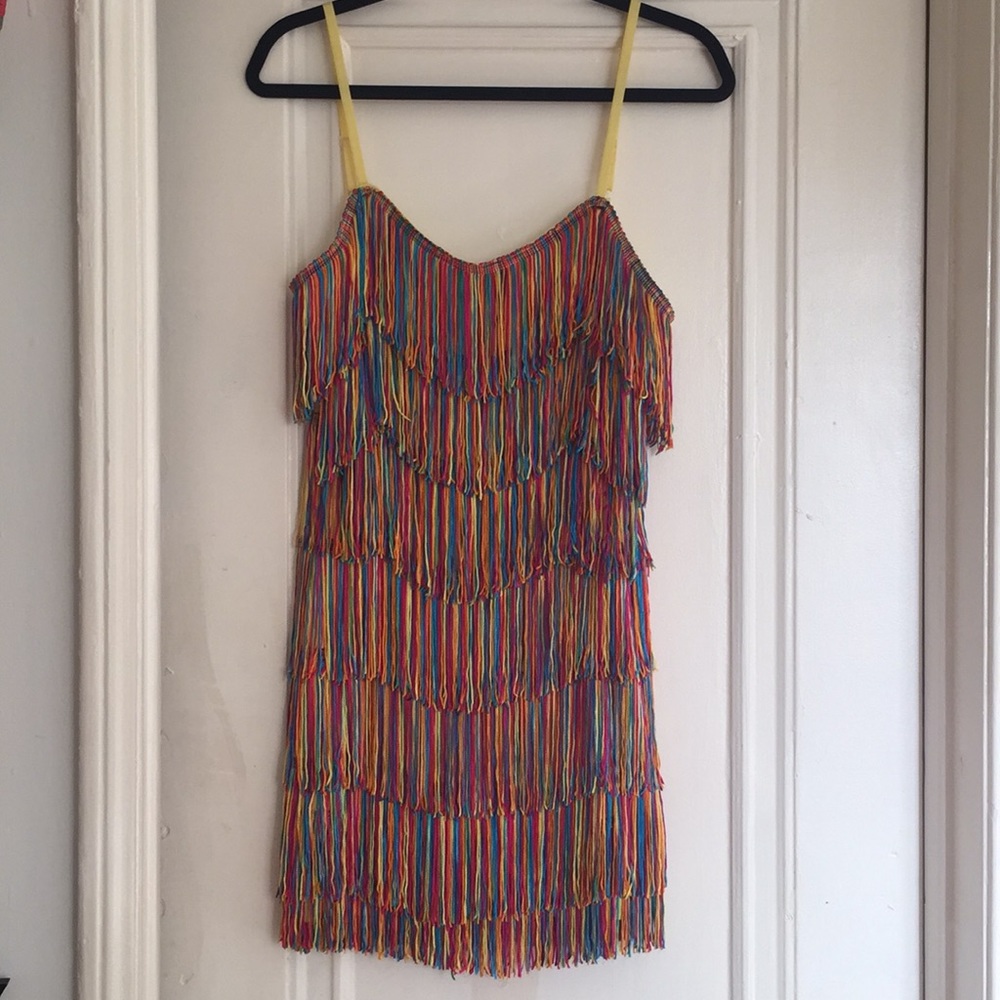 🌈 Rainbow fringe 70s Go-Go style strappy dress